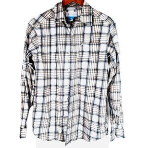 Columbia Mens Shirt S Button Front Plaid Cotton Stretch Blue White Tan